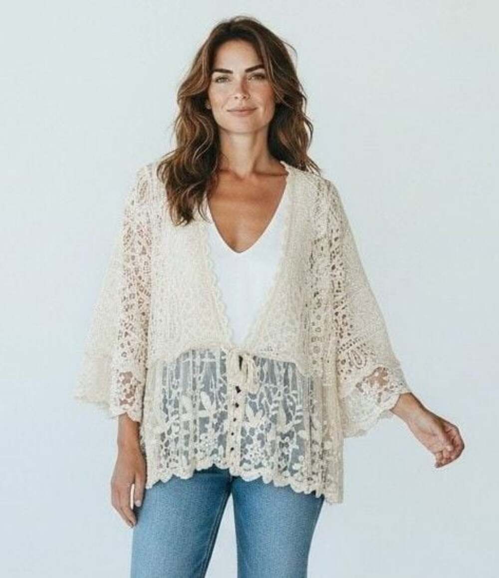 POL Floral Lace Short Sleeve Crochet Cardigan with Tassel Tie